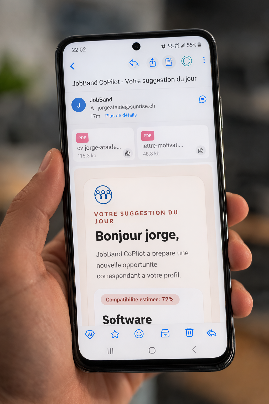 Exemple d'email JobBand CoPilot sur smartphone